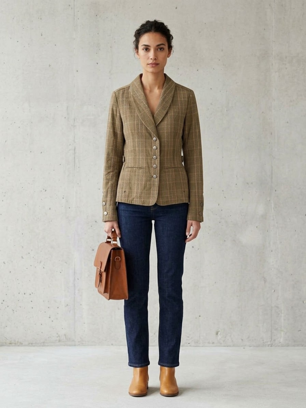 Cotton Ginny Plaid Brown Tailored Blazer Jacket